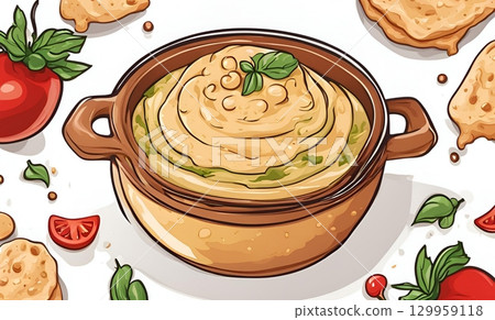 Illustration of homemade hummus is made with chickpeas, garlic, tahini and olive oil, creating a delicious and healthy dip. AI Generated Illustration of homemade hummus is made with chickpeas, garlic, tahini and olive oil, creating a delicious and healthy dip. AI Generated 129959118
