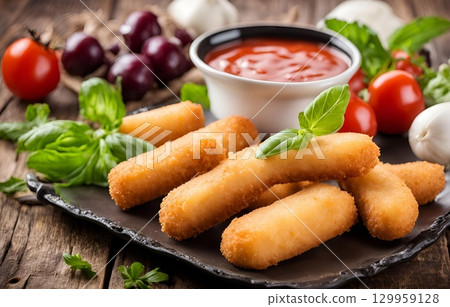 Golden fried mozzarella sticks are served with a side of marinara sauce, creating a delicious and crispy appetizer perfect for sharing. AI Generated 129959128