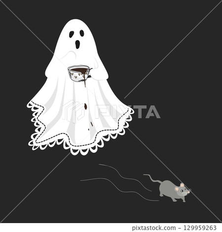 A cute scared lace-sheet ghost scared of a running mouse and spilling a coffee on its sheet . Sheet ghost holding a mug with hot chocolate. Halloween design element, isolated vector illustration 129959263