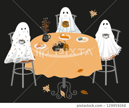 Halloween ghosts meeting vector illustration. Cute sheet ghosts sitting at the table and drinking tea with pumpkin pie. Halloween celebration scene for cards 129959268