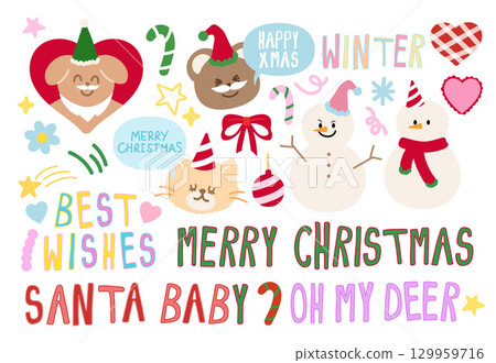 Cute Christmas vector illustrations of snowman, Santa animal, puppy, teddy bear, cat, ornaments, candy cane, letters such as MERRY CHRISTMAS, OH ME DEER, HAPPY XMAS, WINTER, SANTA BABY, BEST WISHES Cute Christmas vector illustrations of snowman, Santa animal, puppy, teddy bear, cat, ornaments, candy cane, letters such as MERRY CHRISTMAS, OH ME DEER, HAPPY XMAS, WINTER, SANTA BABY, BEST WISHES 129959716