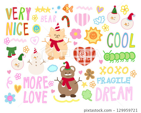 Cute vector illustration of teddy bear expression, flower, sun, fish, worm, clover leaf, heart, gingerbread man for animals, cartoon character, cute patches, kid doll, plush toy, comic, brooch, icon 129959721