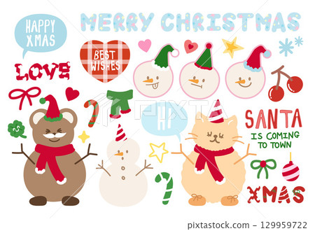 Cute Christmas vector illustrations of teddy bear and cat as snowman, green winter scarf, candy cane, red heart, MERRY CHRISTMAS letters, SANTA IS COMING TO TOWN, party hat, cherry, red ribbon, clover Cute Christmas vector illustrations of teddy bear and cat as snowman, green winter scarf, candy cane, red heart, MERRY CHRISTMAS letters, SANTA IS COMING TO TOWN, party hat, cherry, red ribbon, clover 129959722