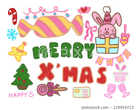 Hand drawn festive vectors of Christmas tree, pink bunny in gift box, sweet candy, MERRY X'MAS letters, candy cane, happy star, ornament, champagne glasses, envelope, gift box, pink ribbon for winter Hand drawn festive vectors of Christmas tree, pink bunny in gift box, sweet candy, MERRY X'MAS letters, candy cane, happy star, ornament, champagne glasses, envelope, gift box, pink ribbon for winter 129959723