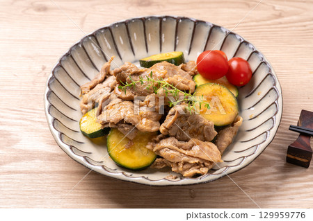 Pork and zucchini stir-fried with ginger and ponzu sauce Pork and zucchini stir-fried with ginger and ponzu sauce 129959776