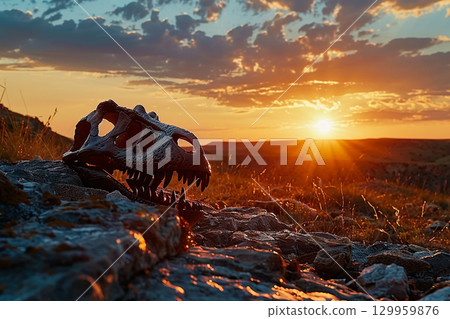 傍晚的恐龍化石CG插畫 129959876