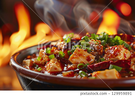 燃燒的火焰和辛辣的麻婆豆腐插畫 129959891