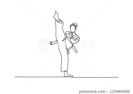 Continuous one line drawing active female karate athlete performing impressive vertical kick. Symbolizing power, flexibility, and elegant balance. Single line draw design vector graphic illustration Continuous one line drawing active female karate athlete performing impressive vertical kick. Symbolizing power, flexibility, and elegant balance. Single line draw design vector graphic illustration 129960080