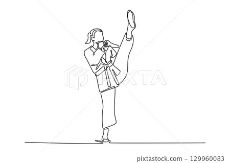 Continuous one line drawing active female karate athlete performing impressive vertical kick. Symbolizing power, flexibility, and elegant balance. Single line draw design vector graphic illustration Continuous one line drawing active female karate athlete performing impressive vertical kick. Symbolizing power, flexibility, and elegant balance. Single line draw design vector graphic illustration 129960083