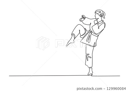 Continuous one line drawing female karate athlete performing front kick in sport arena. Symbolizing martial arts, power, skill, and elegant balance. Single line draw design vector graphic illustration 129960084