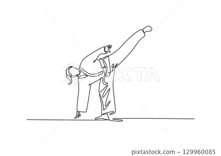 Continuous one line drawing professional female karate athlete performing a high kick in arena. Symbolizing martial arts, power, skill, and balance. Single line draw design vector graphic illustration Continuous one line drawing professional female karate athlete performing a high kick in arena. Symbolizing martial arts, power, skill, and balance. Single line draw design vector graphic illustration 129960085