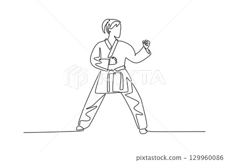 Continuous one line drawing attractive woman in a powerful karate or fighting stance. Focusing on the strength posture and readiness of the athlete. Single line draw design vector graphic illustration 129960086