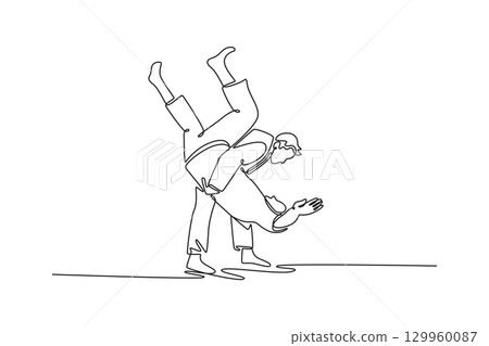 Continuous one line drawing man athlete performing martial arts throw on his opponent. Symbolizing strength, skill, and power of takedown technique. Single line draw design vector graphic illustration Continuous one line drawing man athlete performing martial arts throw on his opponent. Symbolizing strength, skill, and power of takedown technique. Single line draw design vector graphic illustration 129960087