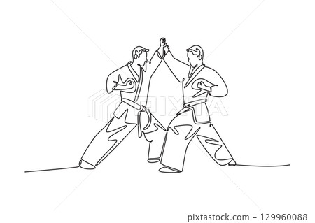 Continuous one line drawing two male karate athletes facing each other, with one hand clasped in a gesture of sportsmanship and respect after fight. Single line draw design vector graphic illustration Continuous one line drawing two male karate athletes facing each other, with one hand clasped in a gesture of sportsmanship and respect after fight. Single line draw design vector graphic illustration 129960088