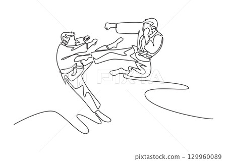 Single continuous line drawing two male athletes performing mid-air flying kicks. Symbolizing martial arts, power, skill, and elegant action. Dynamic one line draw graphic design vector illustration Single continuous line drawing two male athletes performing mid-air flying kicks. Symbolizing martial arts, power, skill, and elegant action. Dynamic one line draw graphic design vector illustration 129960089