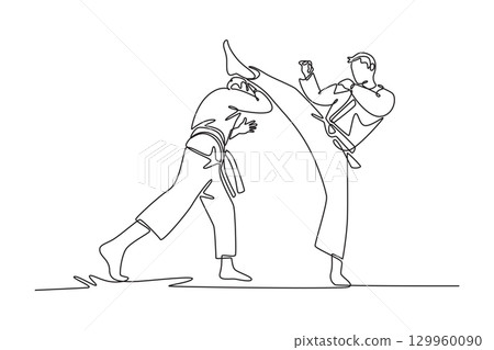 Single continuous line drawing two male athletes are engaged in karate duel. Symbolize strategic contrast between powerful kick and defensive stance. One line draw graphic design vector illustration Single continuous line drawing two male athletes are engaged in karate duel. Symbolize strategic contrast between powerful kick and defensive stance. One line draw graphic design vector illustration 129960090