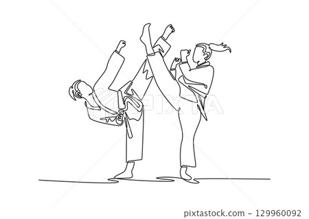 Single one line drawing two female karate athletes performing simultaneous high kicks. Symbolizing martial arts, power, skill, and discipline. Continuous line draw design graphic vector illustration Single one line drawing two female karate athletes performing simultaneous high kicks. Symbolizing martial arts, power, skill, and discipline. Continuous line draw design graphic vector illustration 129960092