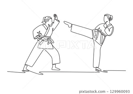 Single continuous line drawing two female athletes are engaged in karate duel. Symbolize strategic contrast between powerful kick and defensive stance. One line draw graphic design vector illustration Single continuous line drawing two female athletes are engaged in karate duel. Symbolize strategic contrast between powerful kick and defensive stance. One line draw graphic design vector illustration 129960093