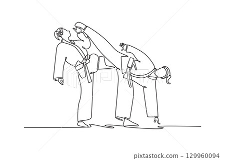 Single continuous line drawing female fighter delivering a decisive kick to her opponent. Symbolizing power, skill, and the outcome of a match. Dynamic one line draw graphic design vector illustration Single continuous line drawing female fighter delivering a decisive kick to her opponent. Symbolizing power, skill, and the outcome of a match. Dynamic one line draw graphic design vector illustration 129960094