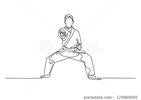 Single continuous line drawing male karate athlete in horse stance performing a punch. Symbolizing power, discipline, and self-defense aspect of martial arts. One line draw design vector illustration 129960095