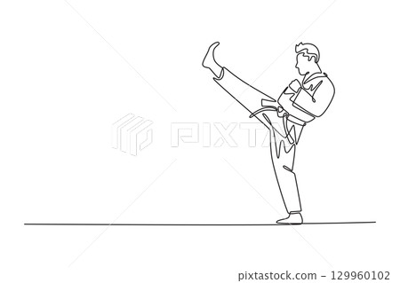Single one line drawing side view of male karate athlete performing front high kick. Symbolizing martial arts, power, skill, and balance. Modern continuous line draw design graphic vector illustration 129960102