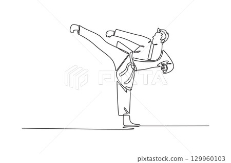 Single one line drawing professional male karate athlete performing high kick. Symbolizing martial arts, power, skill, strong, balance. Modern continuous line draw design graphic vector illustration 129960103