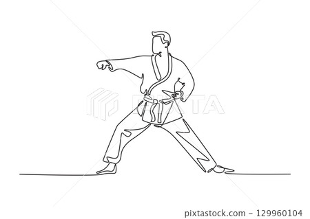 Continuous one line drawing male karate athlete in horse stance performing punch. Symbolizing power, discipline, self-defense aspect of martial art. Single line draw design vector graphic illustration Continuous one line drawing male karate athlete in horse stance performing punch. Symbolizing power, discipline, self-defense aspect of martial art. Single line draw design vector graphic illustration 129960104