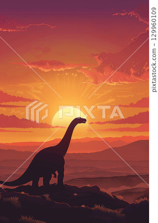 Dinosaur silhouette illustration with sunset background 129960109
