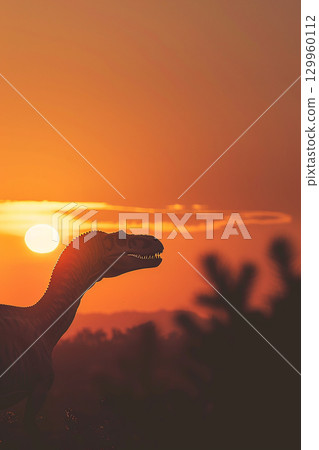 CG illustration of a dinosaur silhouette against a sunset background 129960112