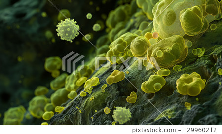 Microscopic view of yellow green bacteria. Microscopic view of yellow green bacteria. 129960212