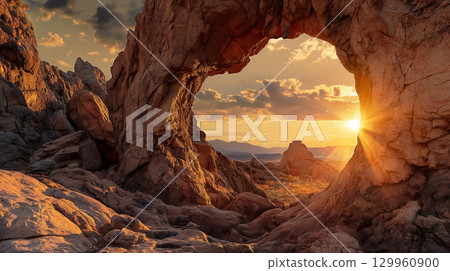 Sunset through a rocky desert arch. 129960900