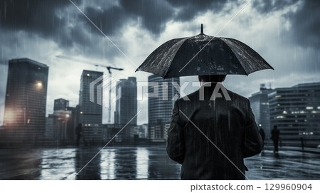 Man with umbrella in rainy city. 129960904