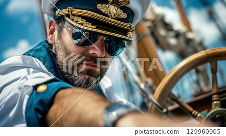 Captain steering a ship at sea. 129960905