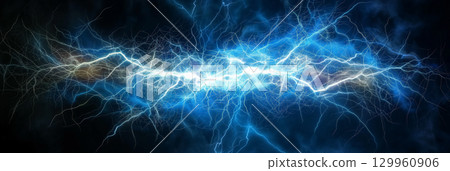 Electric blue lightning on dark background. 129960906