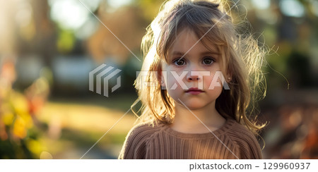 Young girl with thoughtful gaze. 129960937