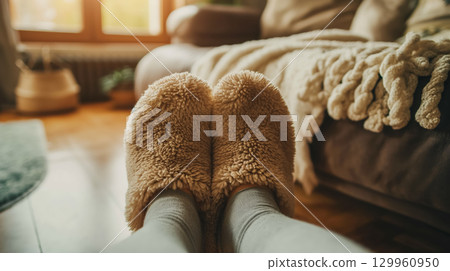 Cozy feet in fluffy home slippers. Cozy feet in fluffy home slippers. 129960950