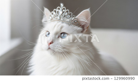 Portrait of an elegant white cat wearing a tiara 129960990