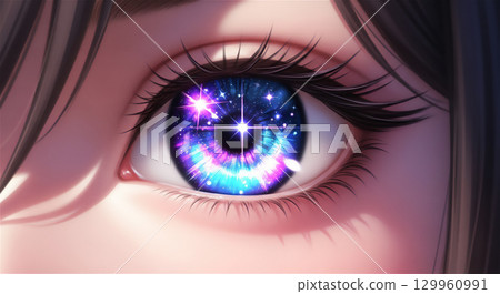 A fantastical illustration of an eye reflecting the universe (anime-style, close-up) 129960991