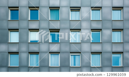 Patterned facade of building windows. Patterned facade of building windows. 129961039