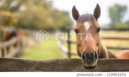 Curious horse peeking over a wooden fence. Curious horse peeking over a wooden fence. 129961054
