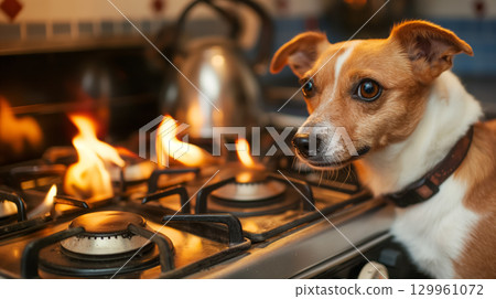 Dog looking worried beside a flaming stove. Dog looking worried beside a flaming stove. 129961072