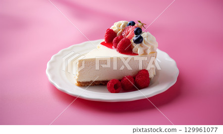 Cheesecake with berries on a pink background. 129961077
