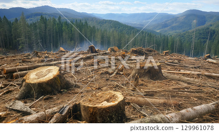 Deforested landscape with stumps and logs. 129961078