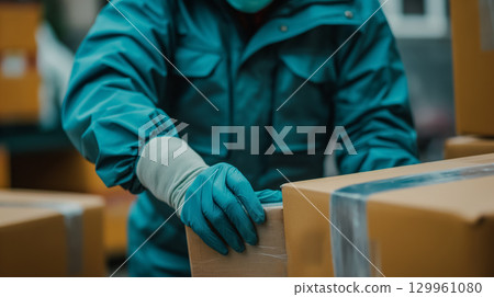 Worker securing a package in a warehouse. Worker securing a package in a warehouse. 129961080