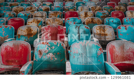 Aged stadium seats showing signs of wear. 129961081