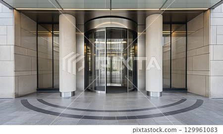 Modern building entrance with revolving doors. Modern building entrance with revolving doors. 129961083