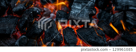 Panoramic view of glowing hot coals and flames. 129961085