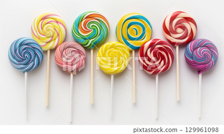Colorful lollipops in a row on white Colorful lollipops in a row on white 129961098