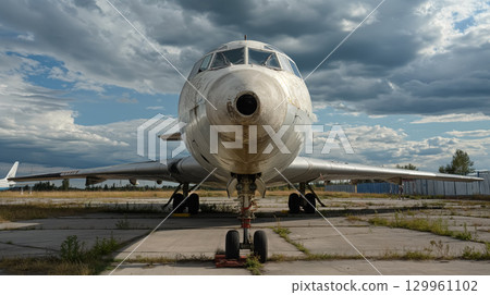 Grounded abandoned airplane against cloudy sky Grounded abandoned airplane against cloudy sky 129961102