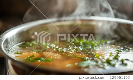 Steaming soup with fresh herbs 129961103